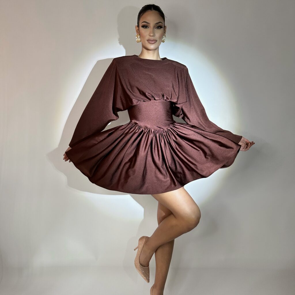 MARILYN SLEEK PADDED MINI DRESS - BROWN