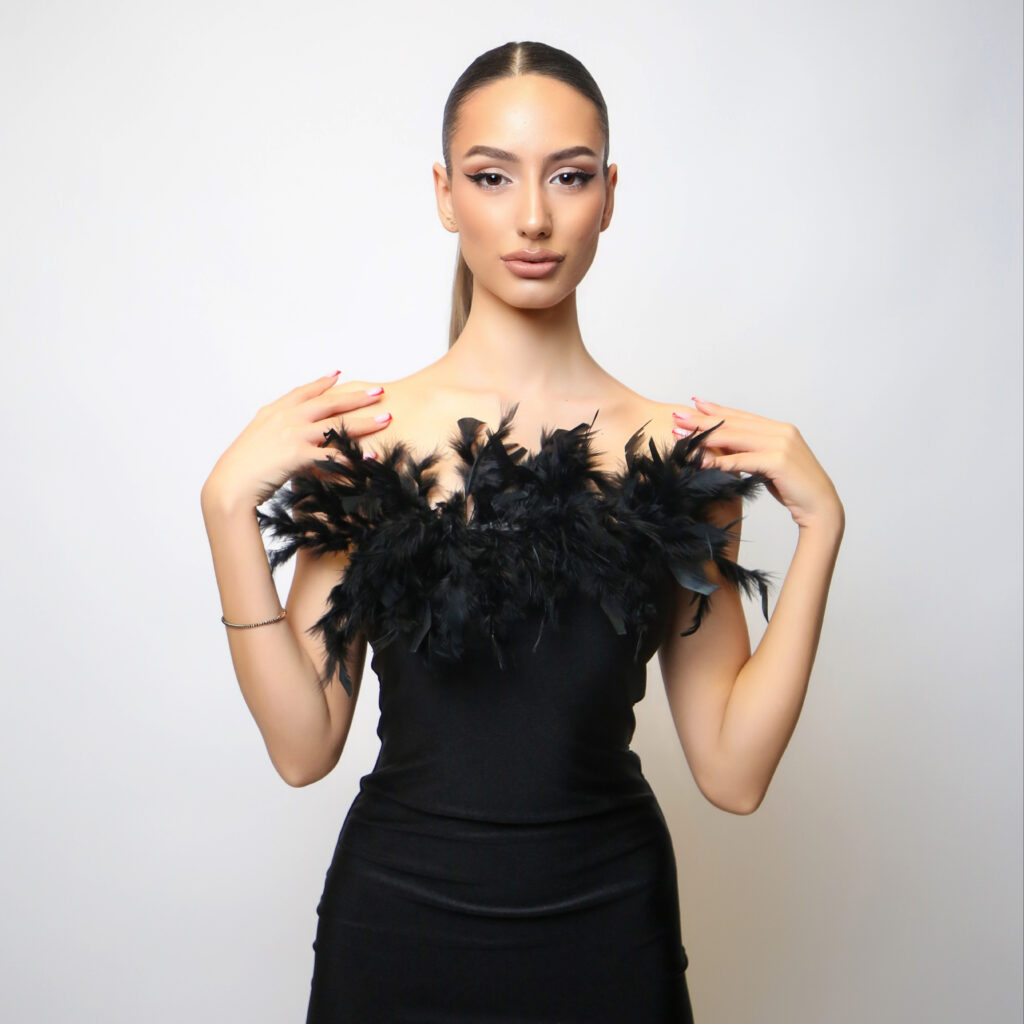IERA BUSTIER FEATHERED MIDI DRESS - BLACK