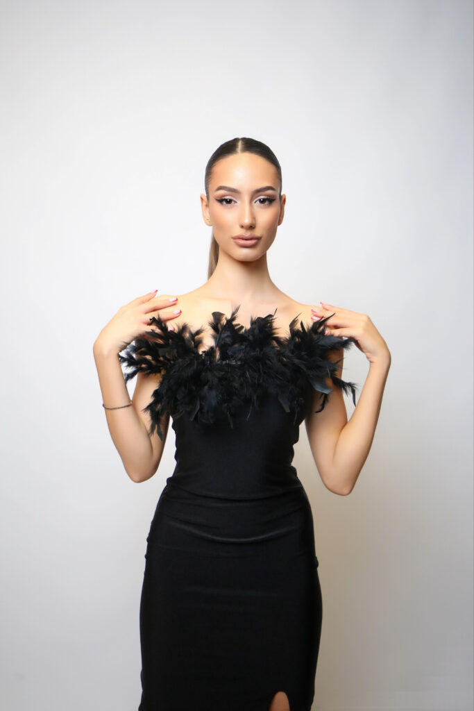 IERA BUSTIER FEATHERED MIDI DRESS - BLACK